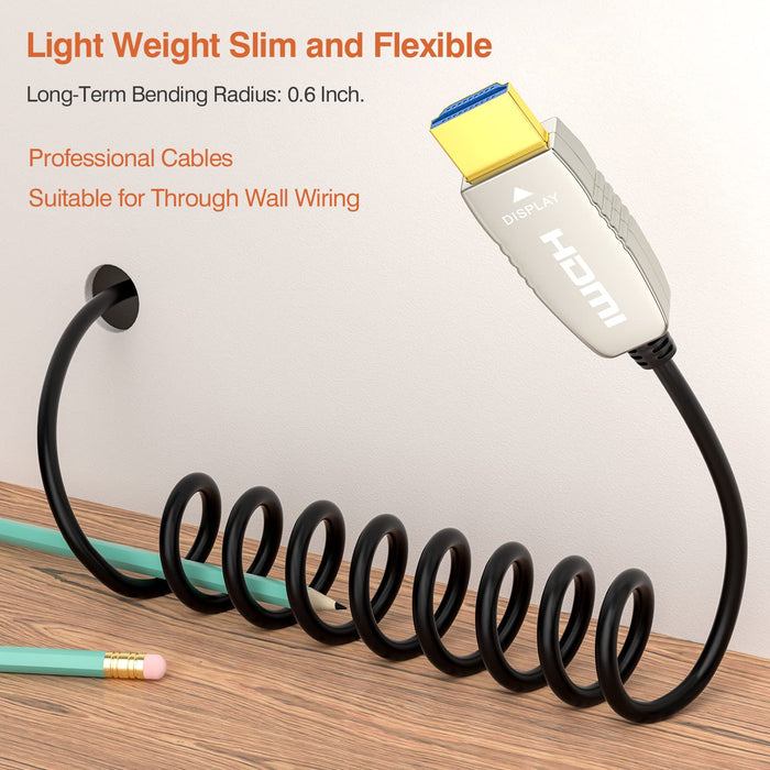 Ultra slim fiber HDMI cable with long-term bending durability and small bend radius, ideal for wall routing and tight installation environments.